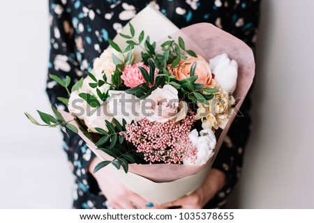 Stock foto: Girl With Bouquet Of Colorful Roses