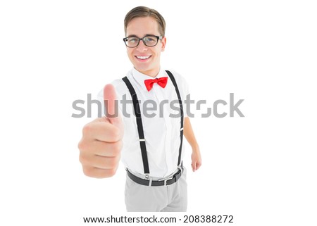 Foto stock: Smiling Geeky Hipster Looking At Camera Thumbs Up