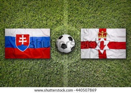 Slovakia Vs Northern Ireland Flags On Soccer Field Stok fotoğraf © kb-photodesign