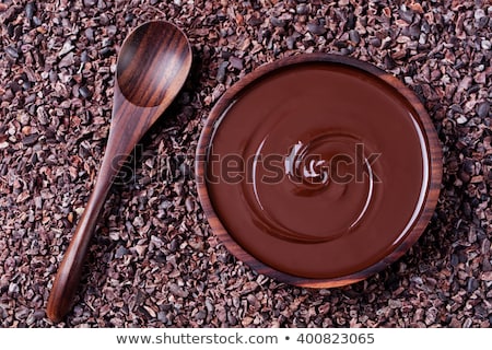 Stock photo: Bowl Of Melted Chocolate And Wooden Spoon On A Crushed Raw Cocoa Beans Nibs Background Copy Space