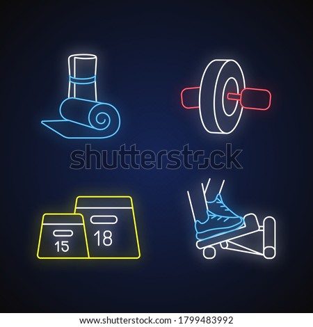 Zdjęcia stock: Strength Training Neon Light Icons Set