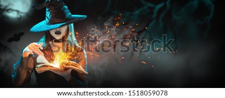 Сток-фото: Beautiful Woman In Halloween Witch Costume Holiday Background