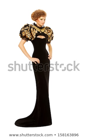 Stock fotó: Blond Hair Girl In Black Evening Dress Isolated On White