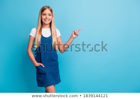 Foto stock: Blond Hair Girl In Mini Blue Dress Isolated On White