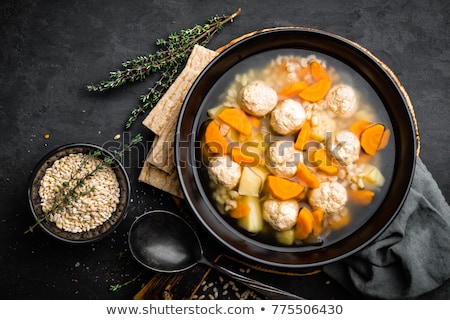 Stockfoto: Fresh Vegetable Soup With Meatballs And Pearl Barley In Bowl On Black Background Top View