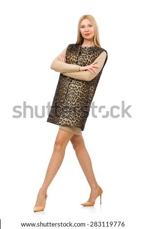 Pretty Young Woman In Leopard Vest Isolated On White Stock fotó © Elnur