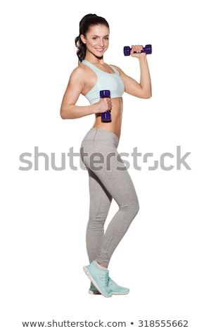 Stockfoto: Happy Athletic Woman With Dumbbells Doing Sport Exercise Isolat