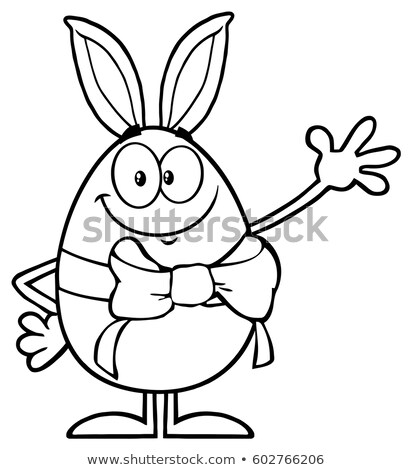 Black And White Smiling Egg Cartoon Mascot Character With A Rabbit Ears And Ribbon Waving For Greeti Stock foto © HitToon