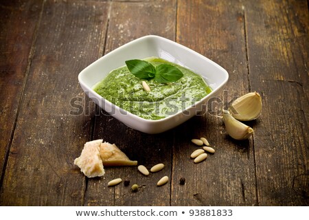 Bowl Of Pesto On The Wooden Table Stok fotoğraf © Francesco83