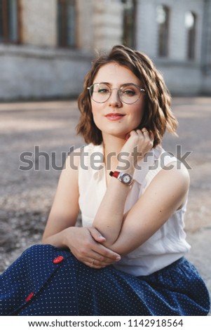 Сток-фото: Autumn Fashionable Image Of Cute Young Woman With Short Hairs And Candid Smile Trendy Coat Denim J