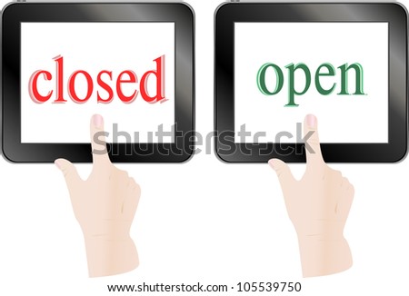 Hands Finger Touch Screen Tablet Pc With Open Closed Theme Zdjęcia stock © fotoscool