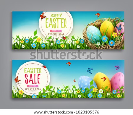 Easter Banner Against Easter Eggs In Basket ストックフォト © Alkestida
