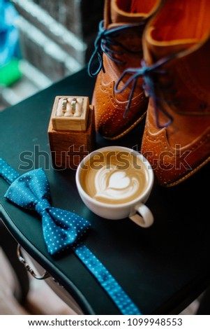 Stock photo: Groom Set Clothes Wedding Rings Shoes Cufflinks And Bow Tie