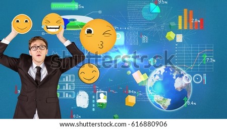 Foto stock: Digital Composite Image Of Businessman With Various Emojis Against Globe