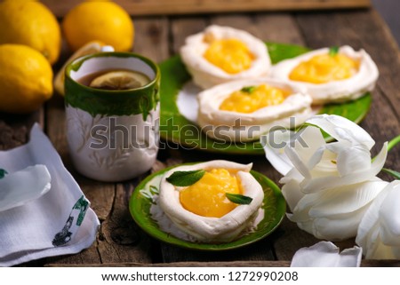 Egg Shaped Meringue Nests With Lemon Curdtraditional Easter Pastries Сток-фото © zoryanchik
