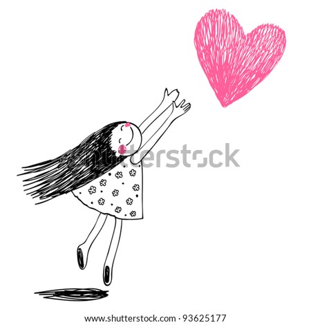 Stok fotoğraf: Funny Girl With Hearts Doodle Cartoon Character