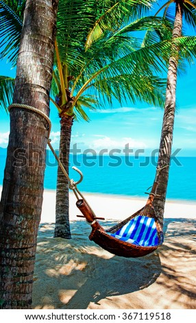 Foto stock: Empty Hammock Between Palm Trees On Tropical Beach