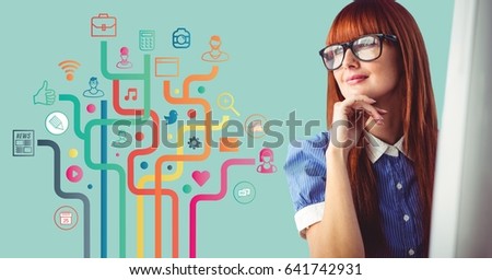 Сток-фото: Woman At Computer And Business Graphic Against Aqua Background