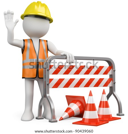 Foto stock: 3d White People Stop Sign With Traffic Cones Under Construction