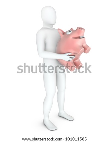 Foto stock: Abstract White Man Holds Pinky Piggy Bank