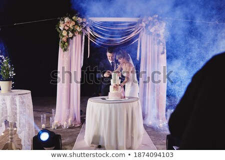 Foto d'archivio: Happy Bride And Groom Cut The Cake Evening Ceremony