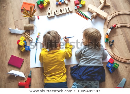 Stock photo: Preschool Boys Playing With Educational Toys - Blocks Train Railroad Vehicles At Home Or Daycare