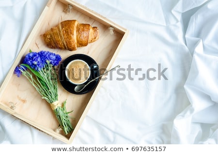 ストックフォト: Good Morning Continental Breakfast On White Bed Sheets