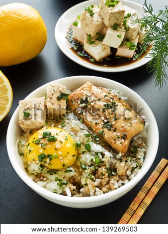 Tofu Seafood And Vegetable Stir Fried Steam Rice Stok fotoğraf © AGfoto