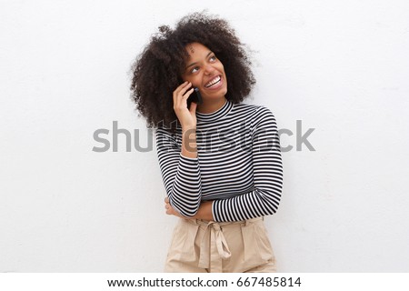 Zdjęcia stock: Beautiful Black Woman Talking On Phone And Smiling