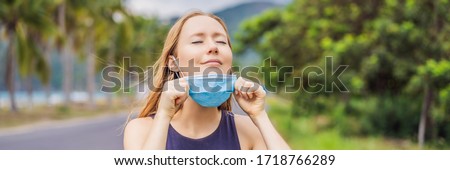Stock photo: Quarantine Is Over Concept Woman Taking Off Mask Outdoor We Are Safe Coronavirus Ended We Won N