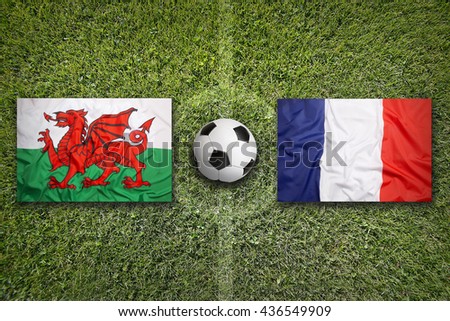 Wales Vs France Flags On Soccer Field Stok fotoğraf © kb-photodesign