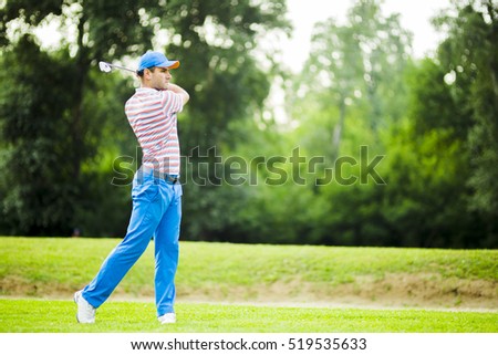 Stok fotoğraf: Golfer Practicing And Concentrating Before And After Shot