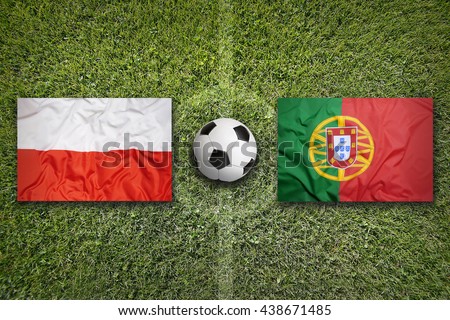 Poland Vs Portugal Flags On Soccer Field Stok fotoğraf © kb-photodesign