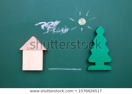 Stockfoto: Wooden Board Sign With Clouds Sun And Tree