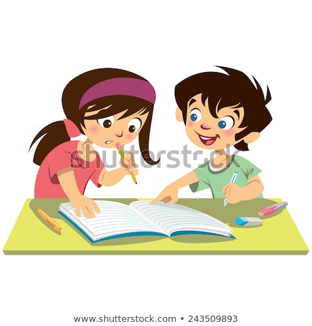 Foto stock: Boy And Girl Kids Students Studying Doing Their Homework Togethe