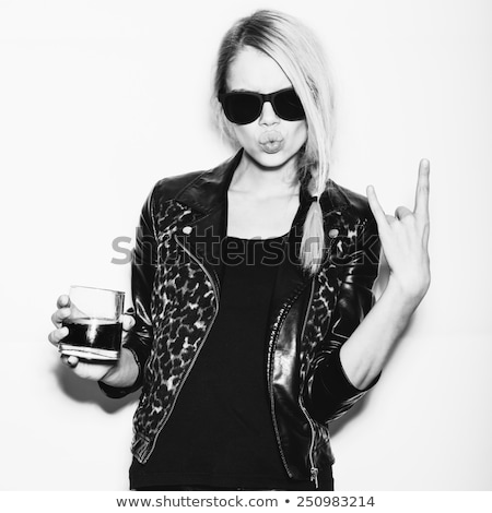 Foto stock: Portrait Of Woman With Cocktail Drink Holding Sunglasses On White