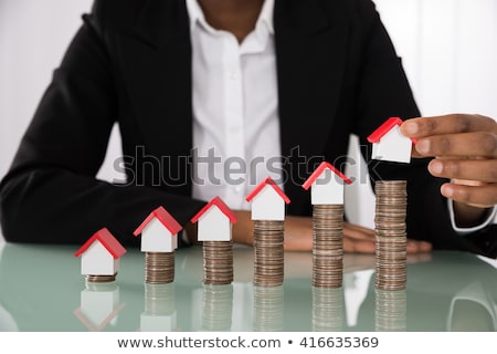 Stok fotoğraf: Woman Holding House Model And Coins