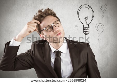 Imagine de stoc: Confused Man With Hand On Head Against Background With Bulb And Ideas In Text
