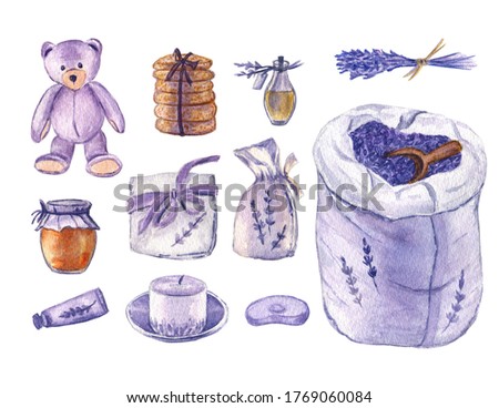 Zdjęcia stock: Illustration Of Bouquet Lavender With Lilac Festive Ribbon Isolated On Beige Rice Paper Backgroun