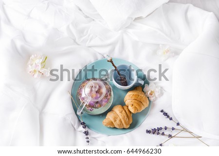 Сток-фото: Morning Coffee Croissants And A Beautiful Flowers Flat Lay St