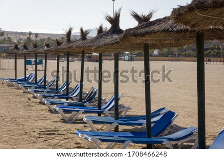 Stok fotoğraf: Rows Of Wicker Parasols And Beach Beds