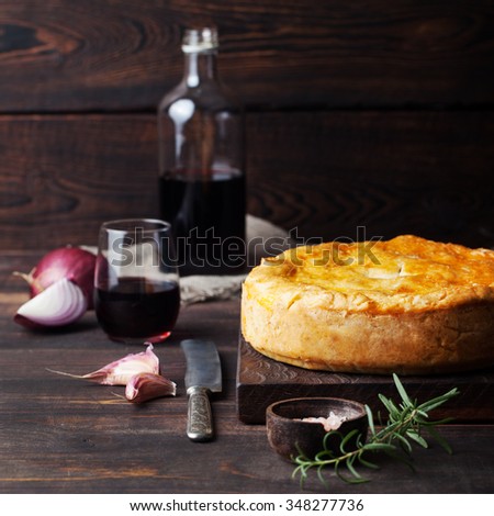 Stok fotoğraf: Pot Meat Pie With Wine Wooden Background Copy Space