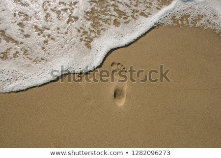 Foto stock: Footprints In Wet Sand Of Beach