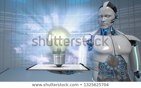 Stock photo: Humanoid Robot Tablet Pc Idea Bulb