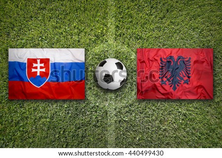 Slovakia Vs Albania Flags On Soccer Field Stok fotoğraf © kb-photodesign
