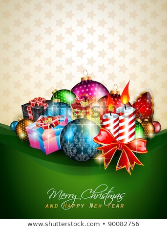 Stock photo: Merry Christmas Tree Flyer With Golden Elegant Baubles And Glowing Light Stars