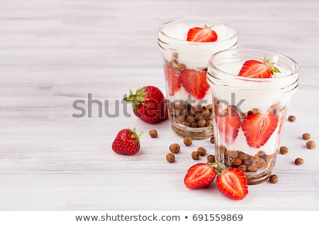 Stock foto: Healthy Breakfast With Strawberry And Chocolate Corn Flakes In Jar On White Wood Board Copy Space