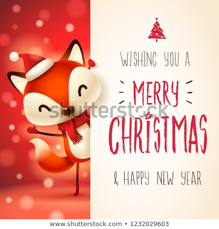 Foto stock: Cute Little Fox With Big Signboard Merry Christmas Calligraphy