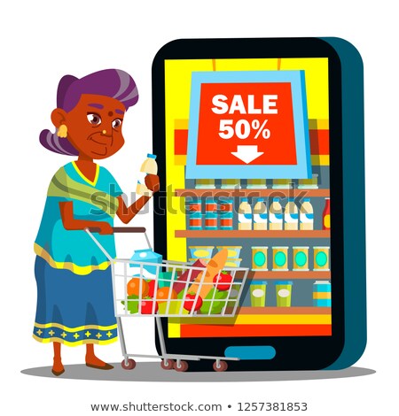 Online Shopping Vector Old Woman Standing With Shopping Cart And Buying Food Online Illustration ストックフォト © pikepicture