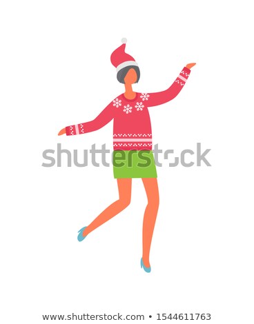 Foto stock: Woman In Green Skirt Red Sweater With Snowflakes